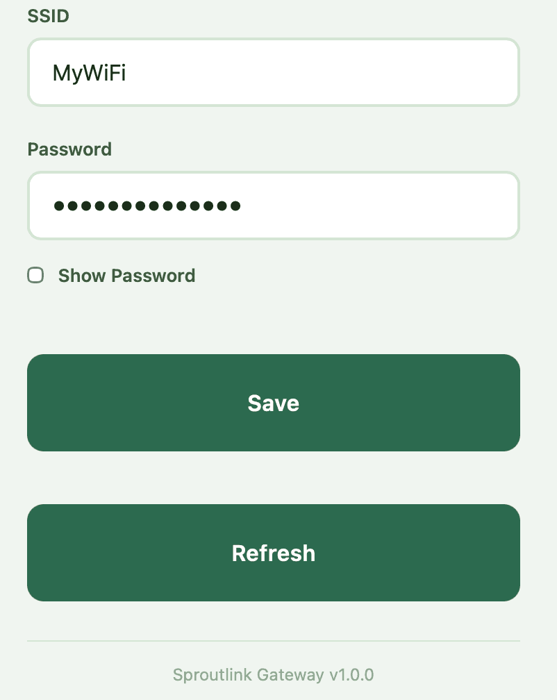 WiFi configuration screen showing SSID and password fields with a Save button