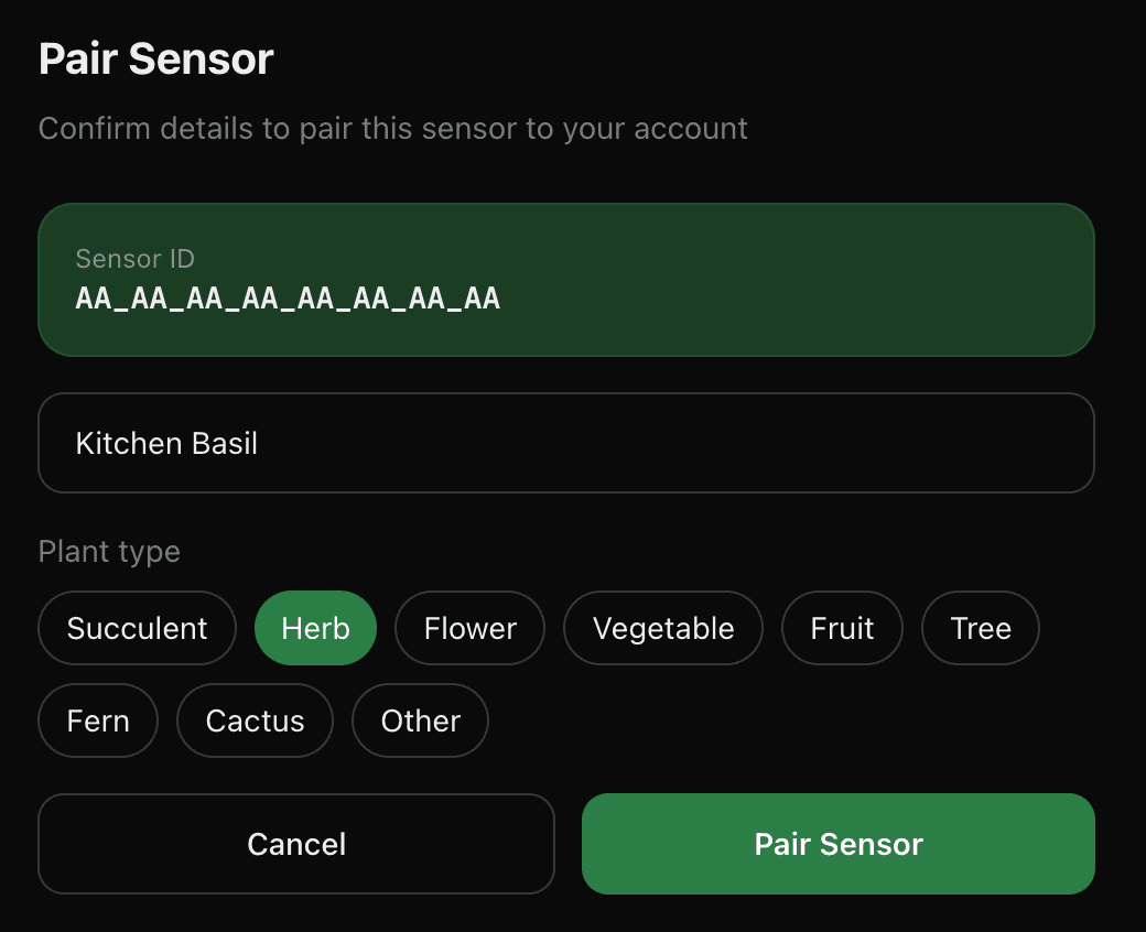 Sproutlink pair sensor screen showing sensor ID, name field, and plant type selector